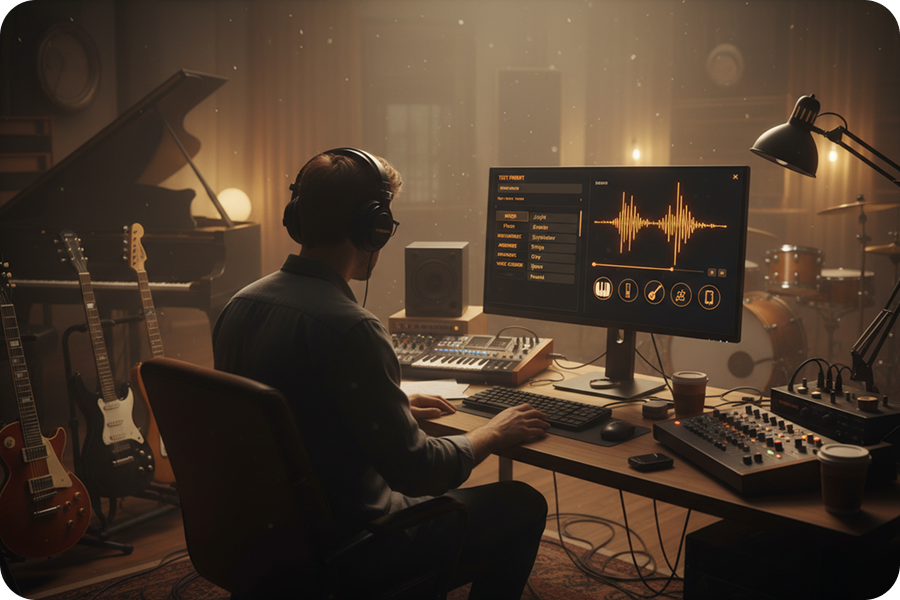 Professional music producers use the Chillwave Music Generator interface to arrange tracks in a warm recording studio environment.