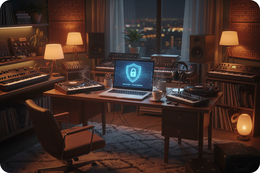 Songwriters using Chillwave Music Generator with data privacy protection icons displayed on a laptop in a professional home studio.