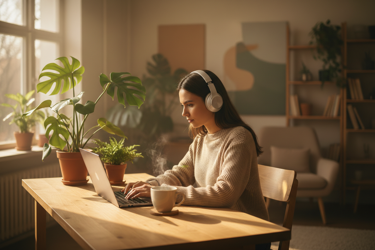 A woman wearing headphones in a cozy, sunlit room using an ambient music generator to produce calming soundscapes for focus and meditation sessions.