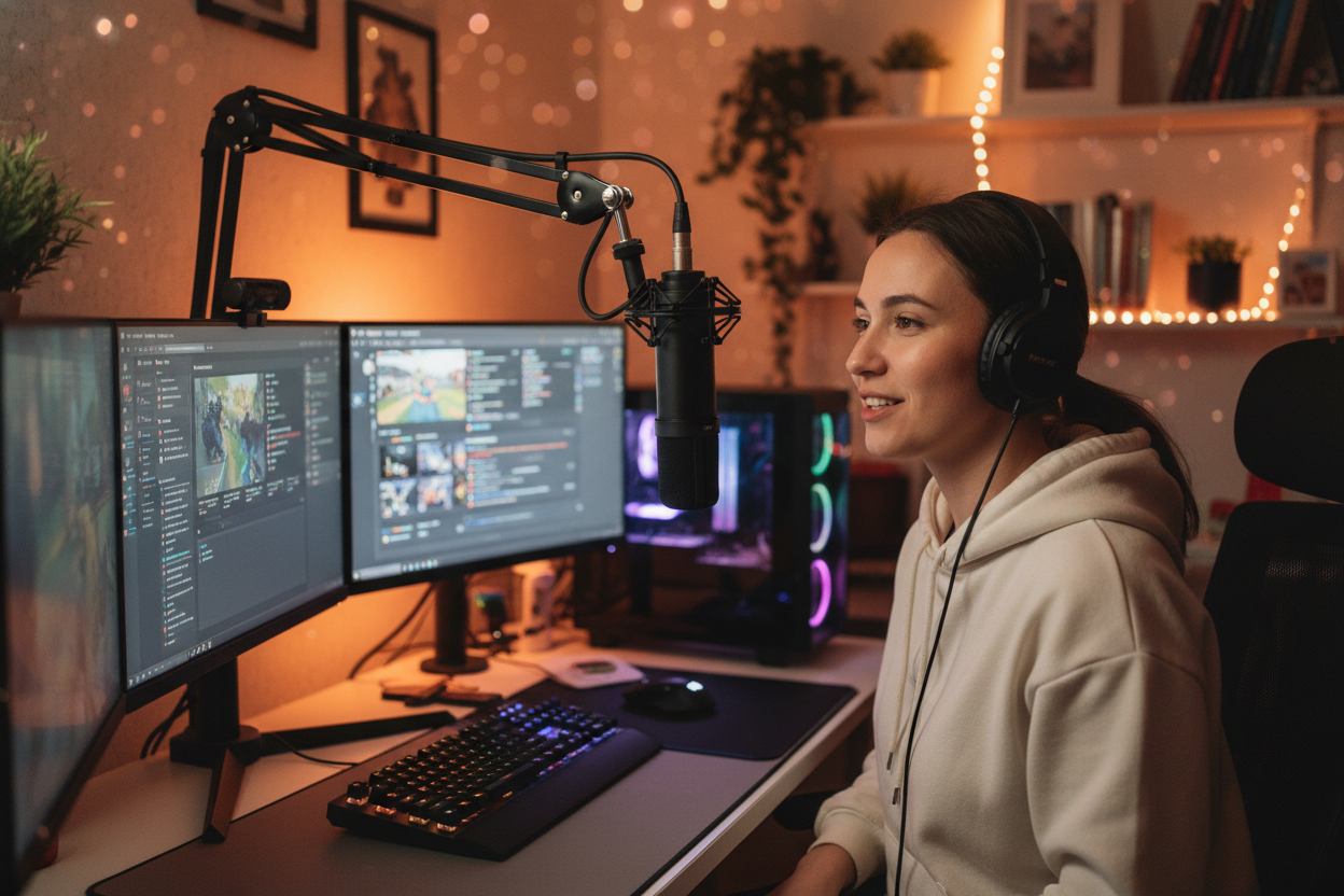 A female live streamer at a professional dual-monitor desk using an ambient music generator to maintain a consistent, non-distracting atmosphere during her broadcast.