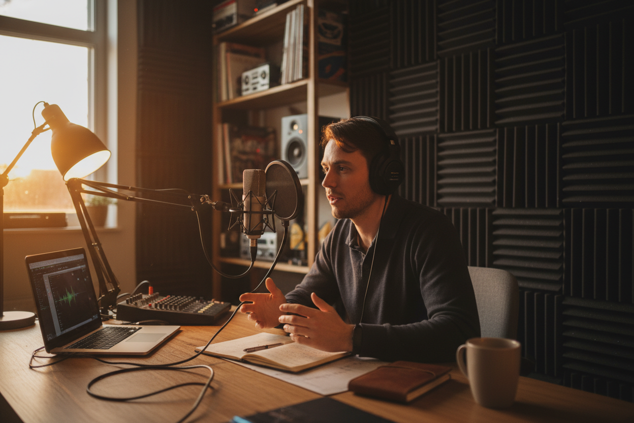 A podcaster in a soundproof studio recording a session and using an ambient music generator to craft perfect intro and transition music for his show.