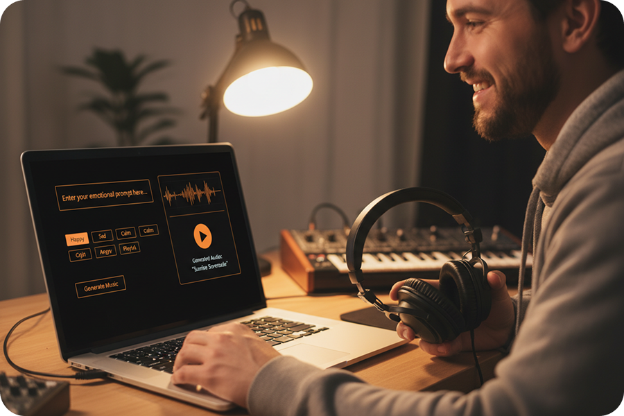 A user selecting emotional presets on an ambient music generator to instantly create mood-based soundscapes like happy or calm.