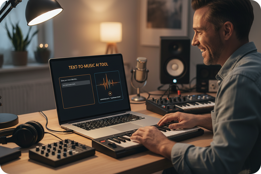 A creator using an AI ambient music generator to compose professional tracks through text prompts without needing music theory knowledge.