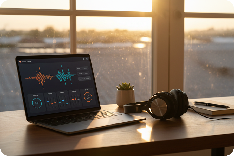 A browser-based ambient music generator interface open on a laptop on a sunlit desk, highlighting zero-install web access.