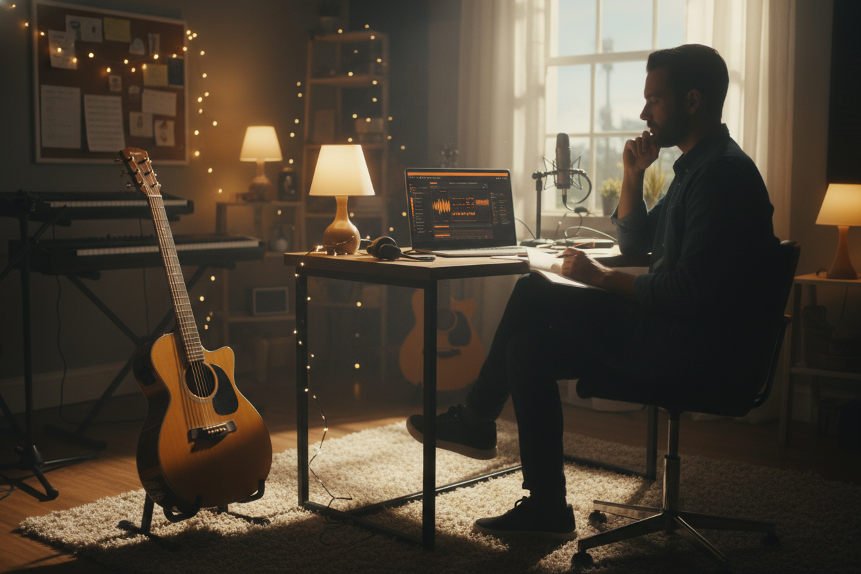 Songwriter in a home studio using Folk Music Generator to transform lyric drafts into professional acoustic song demos.