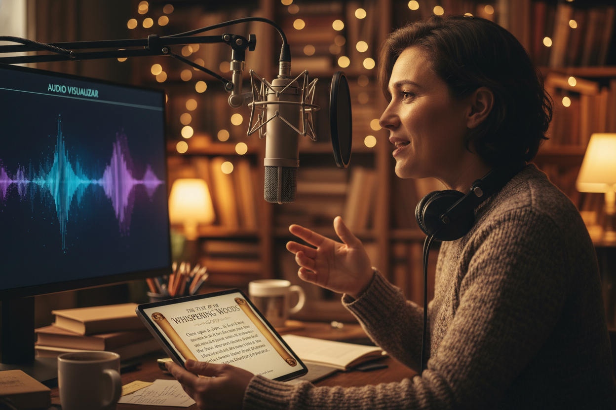 Digital storyteller enhancing narrations with immersive acoustic soundscapes generated by an AI Folk Music Generator.
