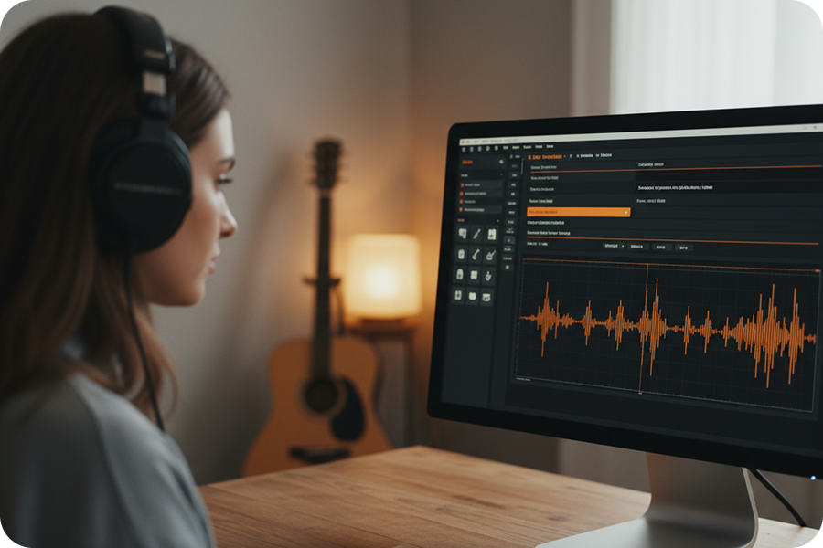 A girl is selecting acoustic instrument presets and emotional tones within a folk music generator interface featuring high-resolution waveforms.