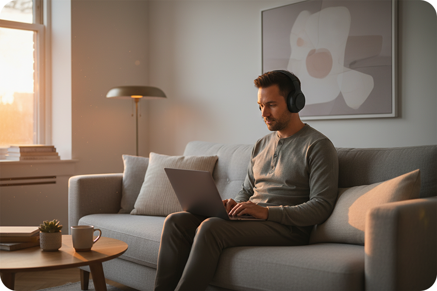 Creating studio-quality songs with a folk music generator on a laptop, demonstrating professional music production without expensive recording gear.