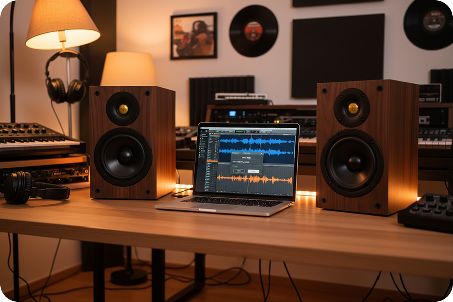 Exporting high-resolution audio files from a folk music generator displayed on a laptop between professional studio monitors in a warm lighting setup.
