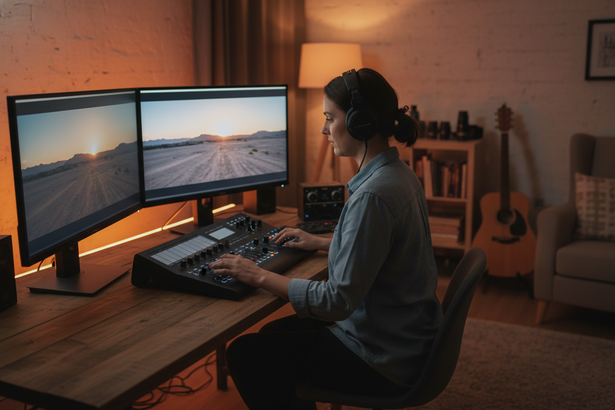 Filmmaker editing cinematic footage on a dual-monitor setup, scoring scenes with organic themes from an Acoustic Music Generator.