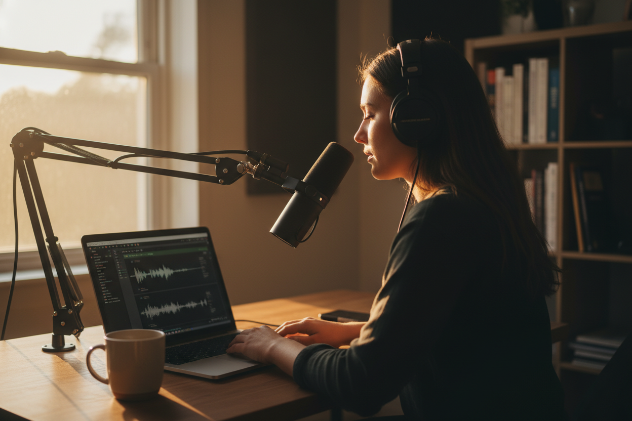 Podcaster recording storytelling content at sunset, enhancing emotional depth with an AI Acoustic Music Generator.