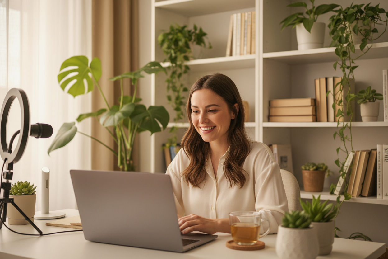 Female online educator recording a video course with a ring light, using an Acoustic Music Generator for engaging background tracks.