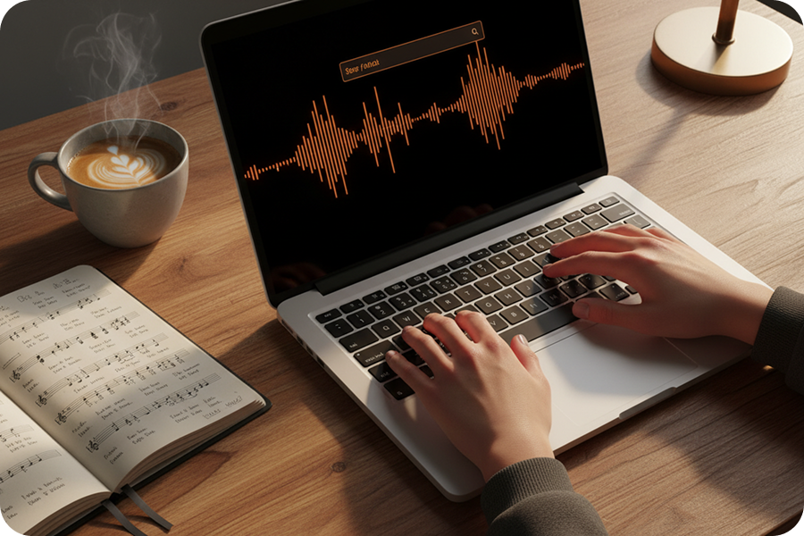 Content creator using an AI Acoustic Music Generator to perform direct text to song conversion from a script draft on screen.