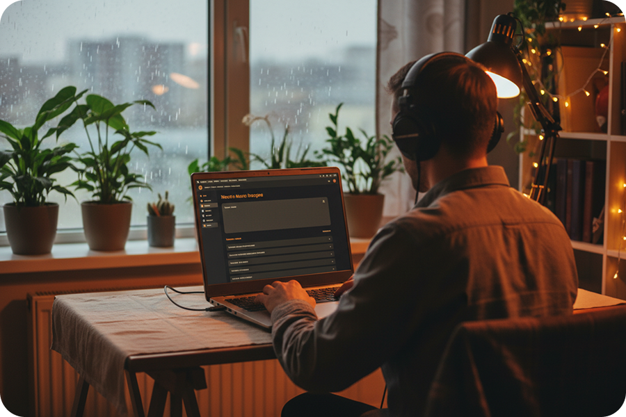 Creator adjusting environmental sounds and rain ambience using an AI Acoustic Music Generator for a cozy, folk music vibe.