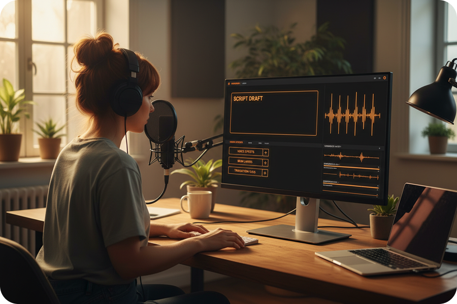 Laptop screen displaying Acoustic Music Generator waveforms next to a lyric notebook and coffee, illustrating creative mood selection.