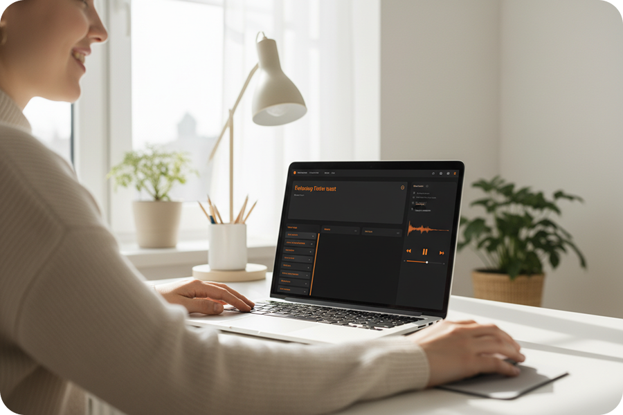 User smiling while navigating the intuitive interface of an Acoustic Music Generator on a laptop, demonstrating ease of use.