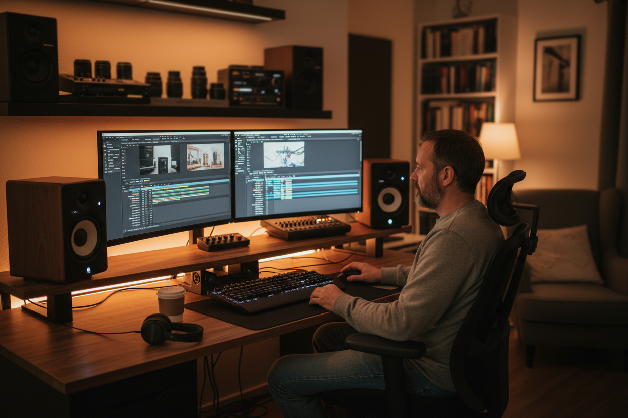 Professional video editor creating cinematic background tracks using the Blues Music Generator on a dual-monitor setup in a warm studio.