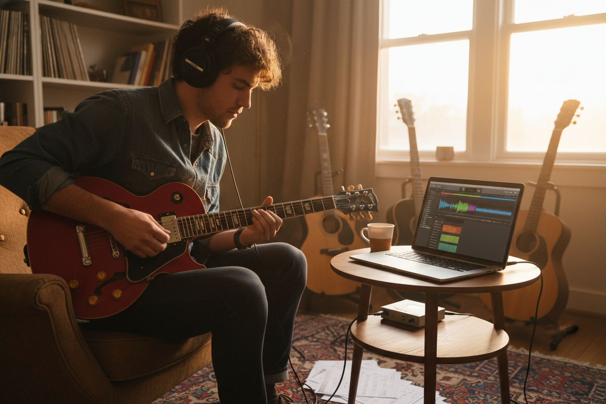 A guitarist practicing in a sunlit room with custom backing tracks produced by the Blues Music Generator on a laptop.