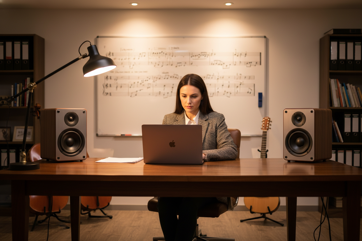 Music educator demonstrating blues structures using the Blues Music Generator on a laptop with studio speakers and sheet music in the background.