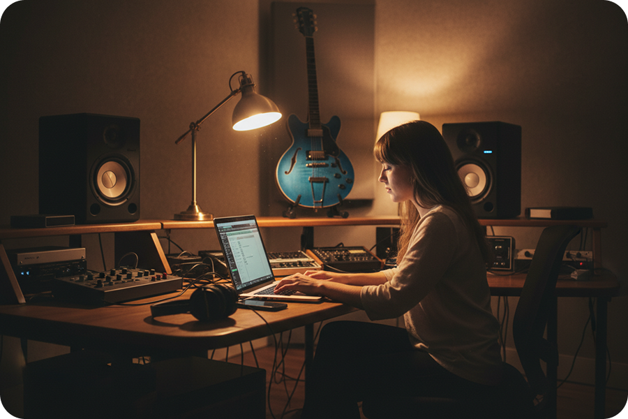 Female creator using an AI blues music generator to convert text prompts into soulful guitar melodies in a warm home studio.