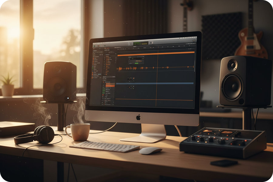 High-efficiency workstation setup showing the interface of a blues music generator with audio waveforms, optimizing production speed at golden hour.
