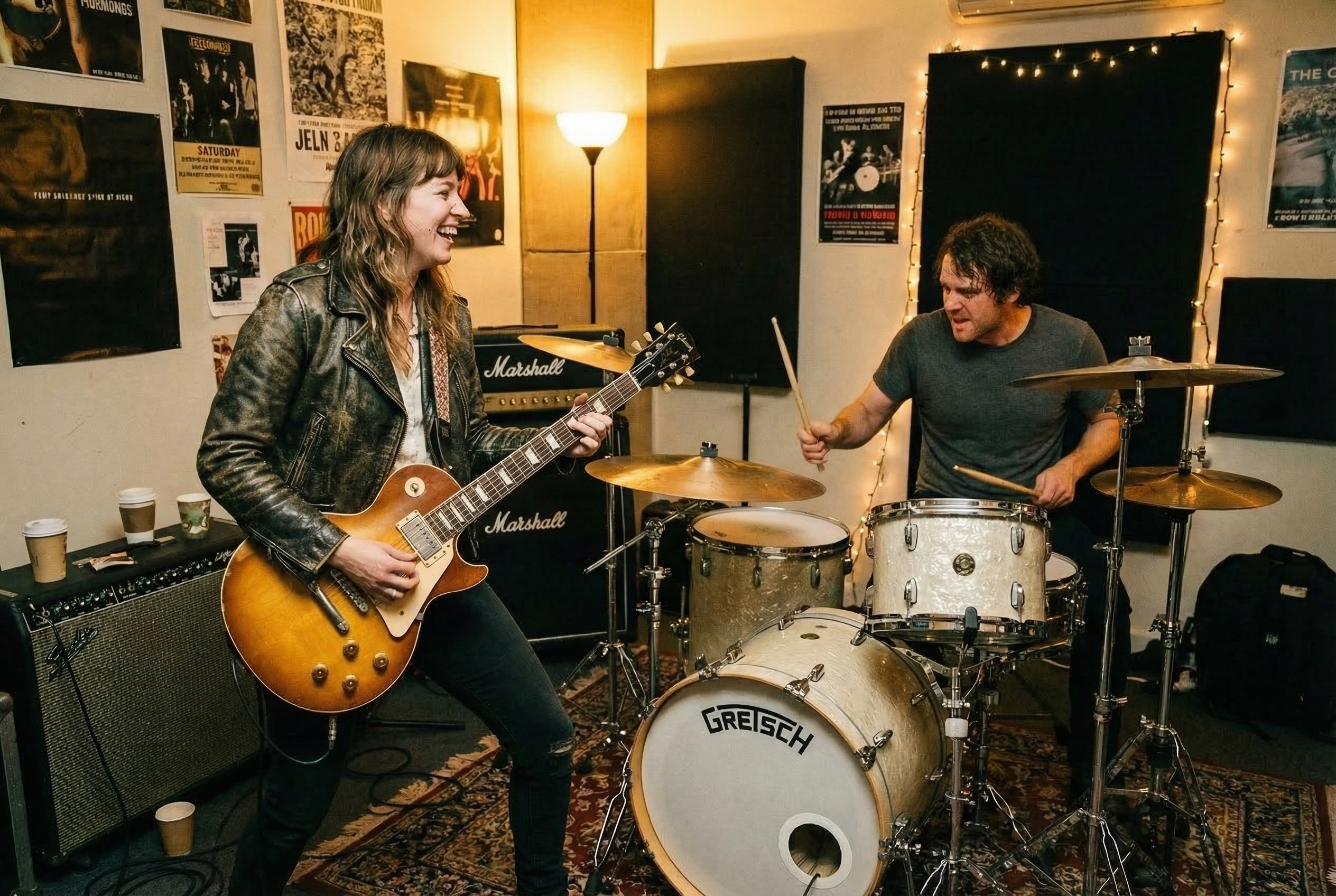 A rock band playing instruments inspired by an AI rock music generator.