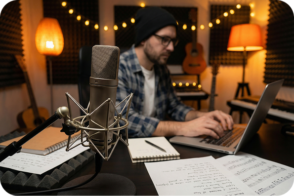 Musician in a home studio composing with a rock music generator.