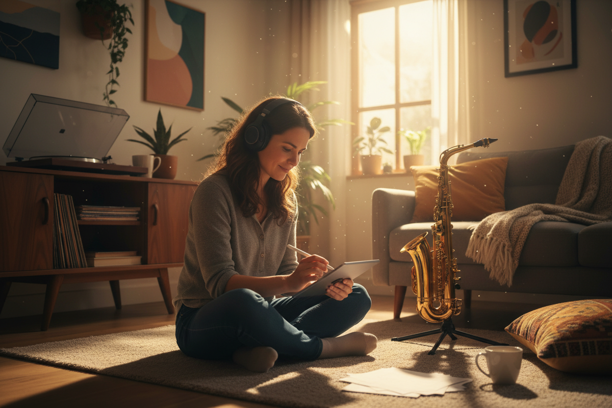 A professional podcaster recording in a home studio, using a jazz music generator to design custom intro and outro tracks for better listener retention.