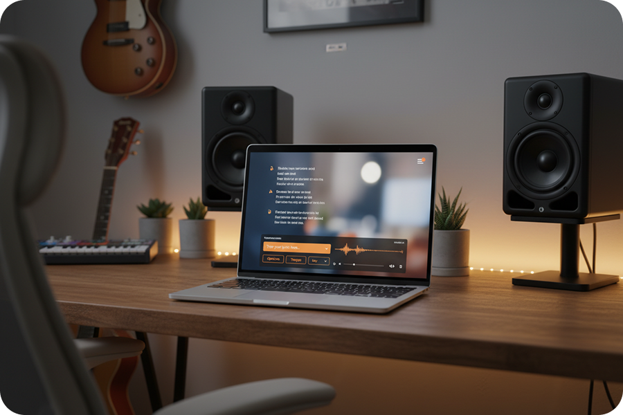 AI Jazz Music Generator interface on a laptop screen converting text into a structured jazz song in a home studio.