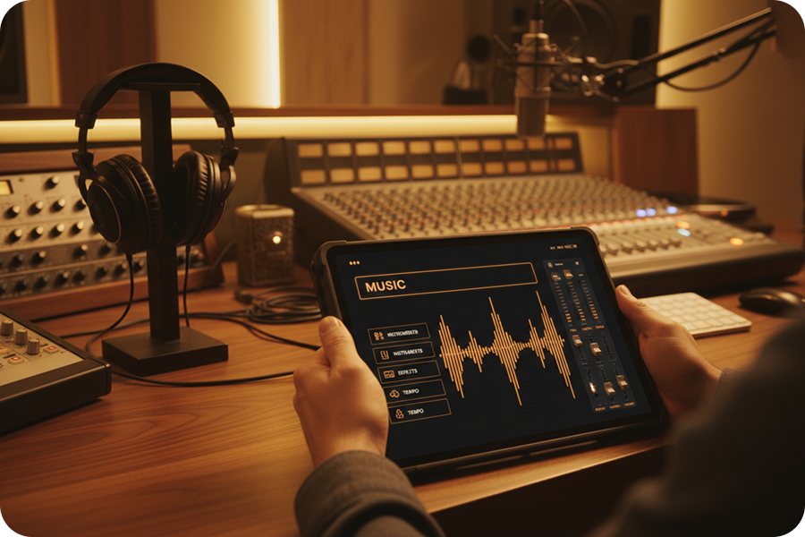 Close-up of a tablet display showing the Jazz Music Generator dashboard for customizing instruments and audio effects.