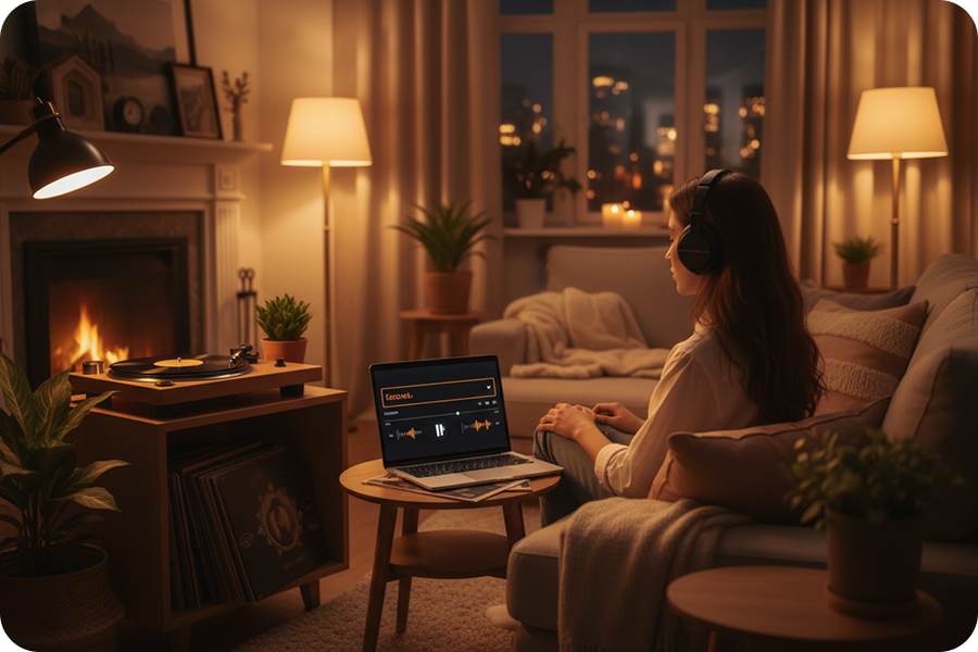 A woman in a cozy living room using an AI Jazz Music Generator to set emotional moods and romantic atmosphere for her audio content.
