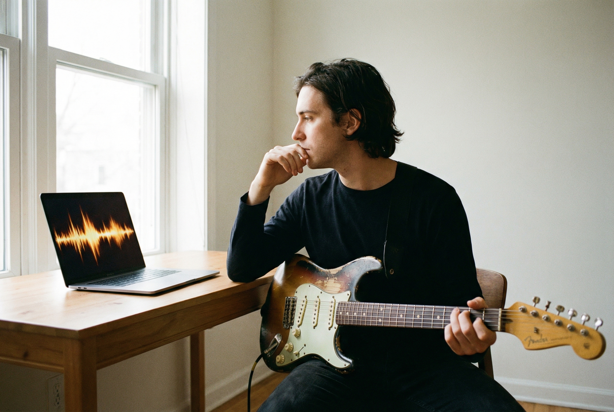 A guitarist uses the Metal Music Generator for song ideas.