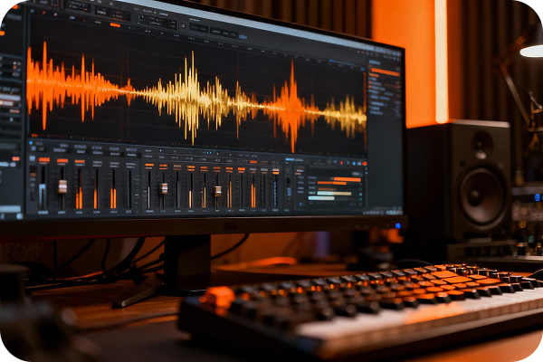 A studio-quality track from the Metal Music Generator on a monitor.