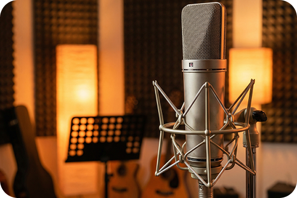 A studio microphone shows vocals created by Metal Music Generator.