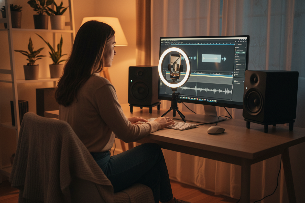 Content creator editing a viral video with royalty-free beats produced by an AI Drill Music Generator.