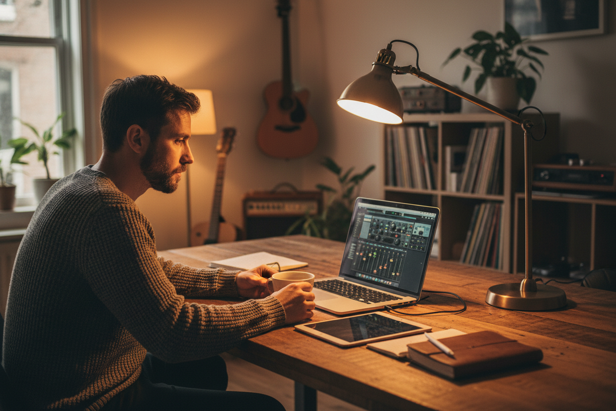 Songwriter visualizing lyrics and testing cadences with a Drill Music Generator on a laptop in a cozy workspace.