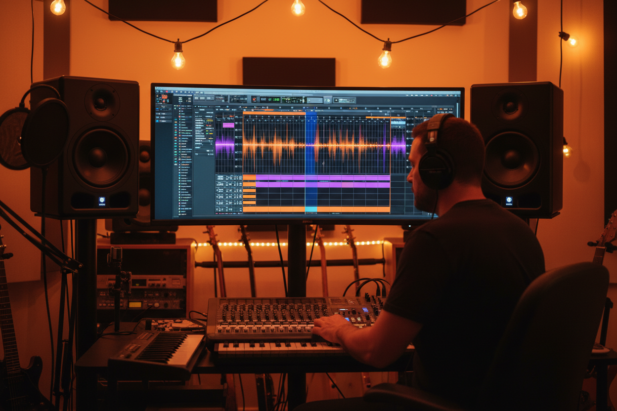 Independent producer using a Drill Music Generator to find inspiration and speed up his music production workflow in a professional studio.