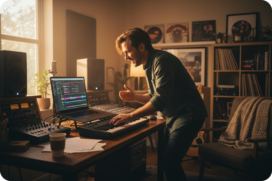 A music producer smiling while testing different beat variations instantly with an AI Drill Music Generator to speed up his creative process.