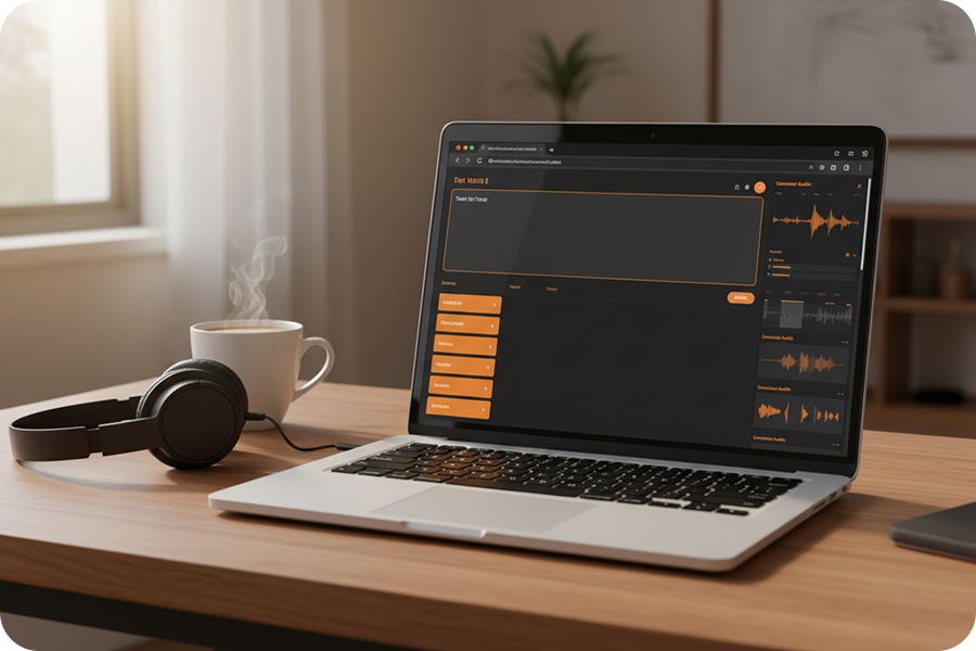 Online Drill Music Generator accessed through a web browser on a laptop, showcasing an easy no-download music production workflow.