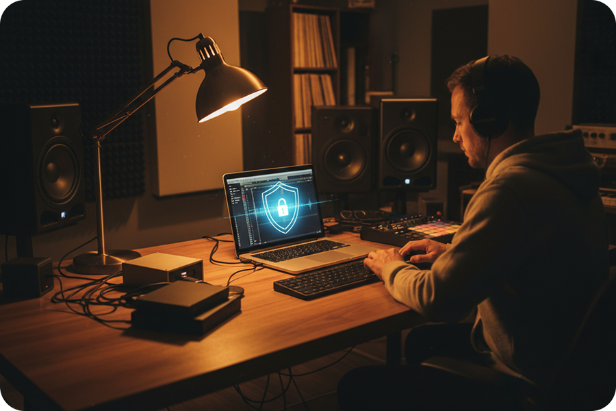 A secure AI music generator with a digital shield icon signifies the protection of music creators' privacy regarding lyrics and audio.