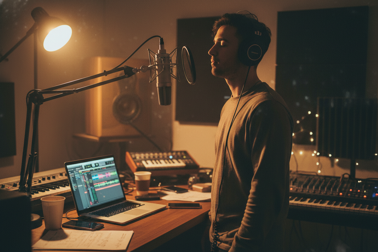 Vocalist in a warm-lit home studio recording a demo over custom beats created by a Trap Music Generator.