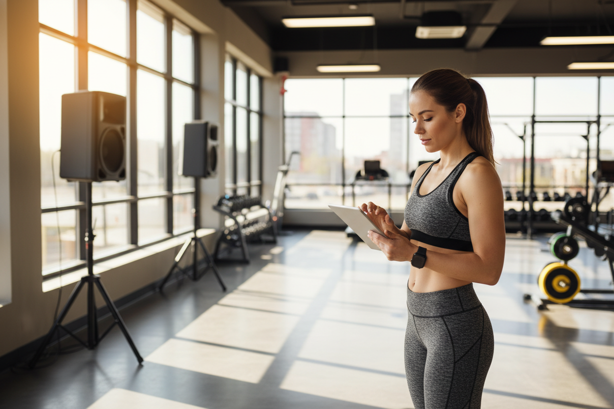 Female fitness instructor in a modern sunlit gym using a tablet to create high-energy workout soundtracks with an AI Trap Music Generator.