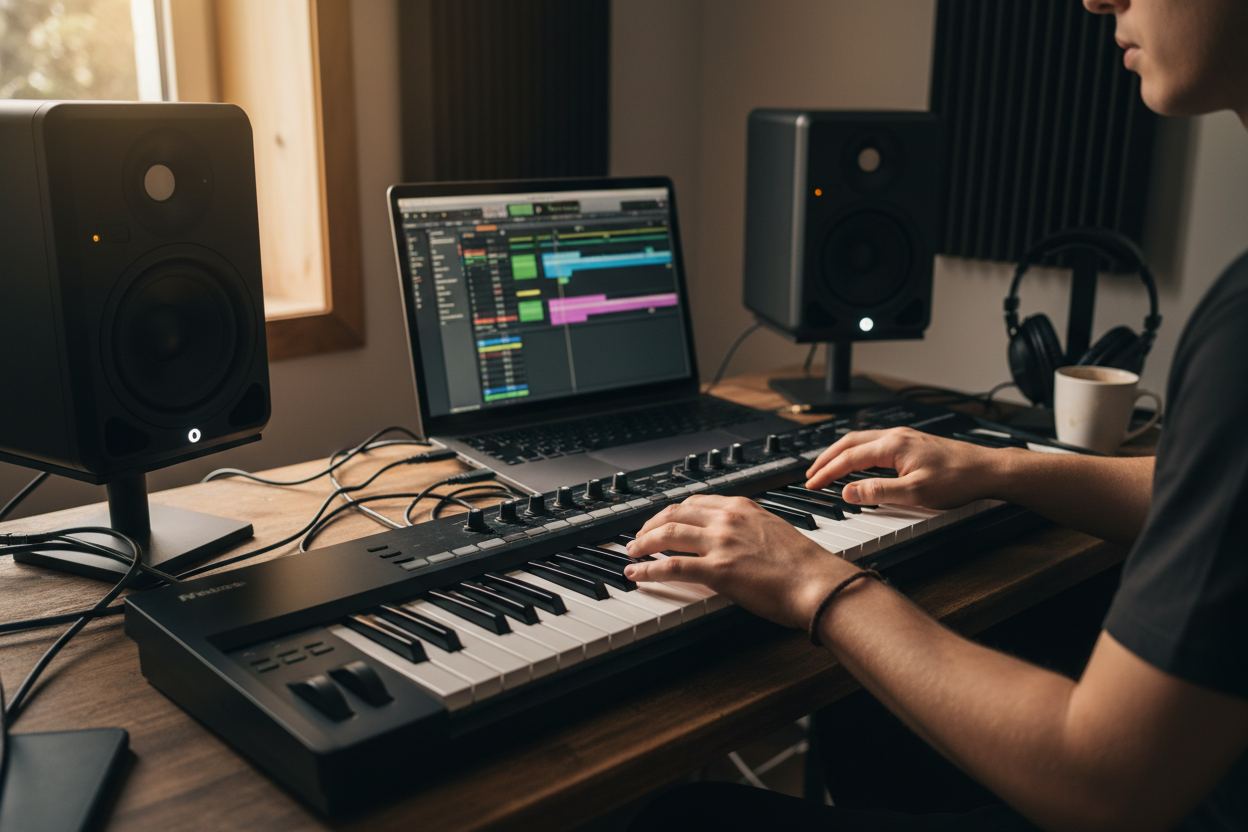 Hands of a music producer on a MIDI keyboard using a Trap Music Generator to brainstorm song structures and arrangement ideas.