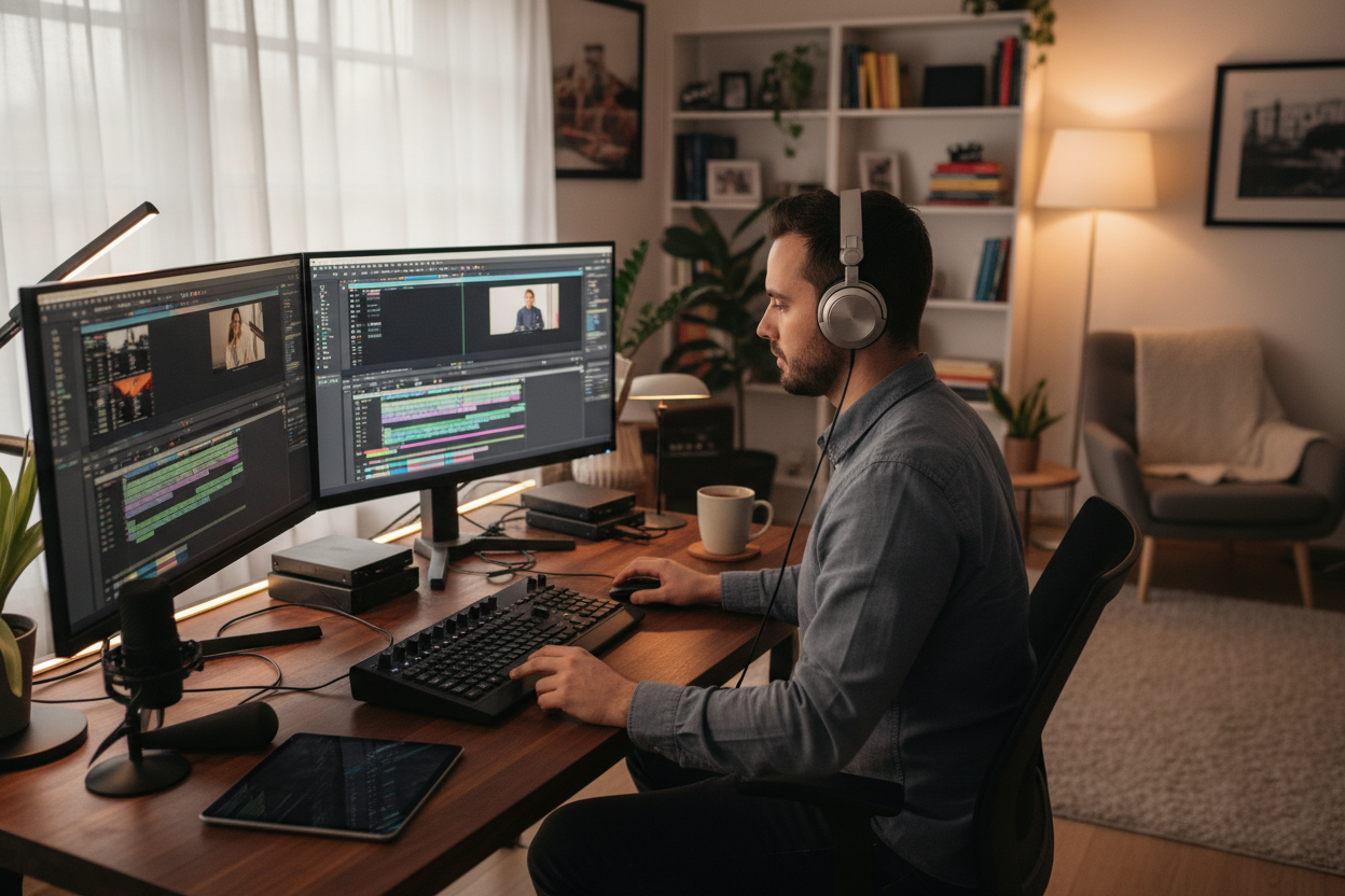 Freelance video editor at a workstation with dual monitors selecting unique background music from a Trap Music Generator for a video project.