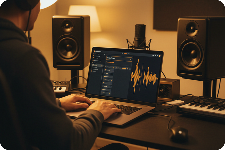 Producer using an AI Trap Music Generator to convert text into professional beats in a warm home studio.