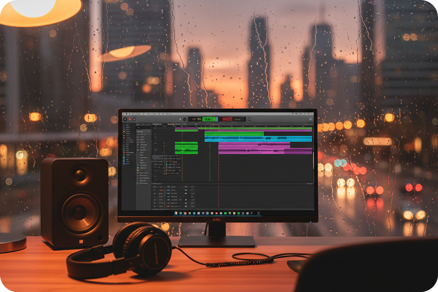 Trap Music Generator interface on a monitor blending rainy city ambient sounds into musical compositions.
