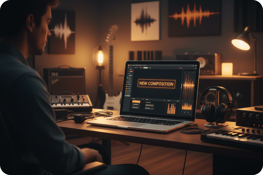 Music creator starting a new project with the smart prompt of a Trap Music Generator on a laptop.