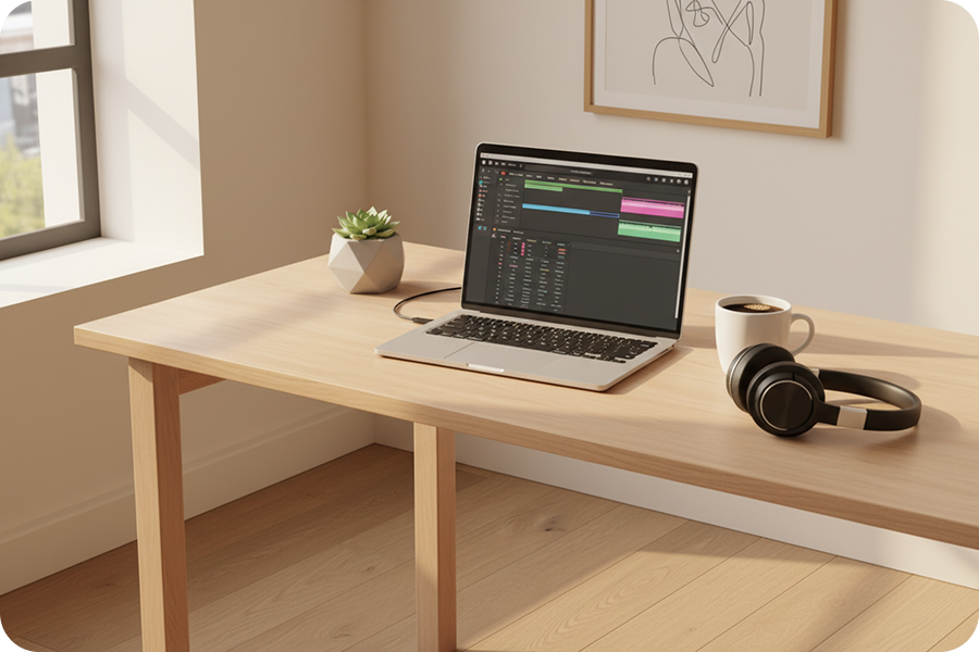 Minimalist workspace with a laptop running a browser-based Trap Music Generator for instant beat making.