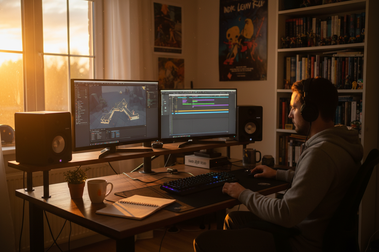 Indie game developer creating immersive sci-fi soundtracks using an AI Trance Music Generator in a cozy home studio.