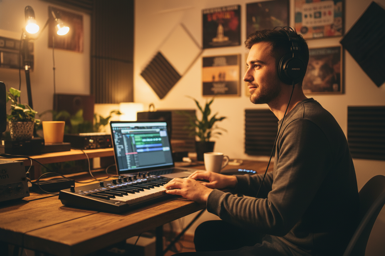 Young music producer composing melodic trance tracks with a MIDI keyboard and an AI Trance Music Generator.